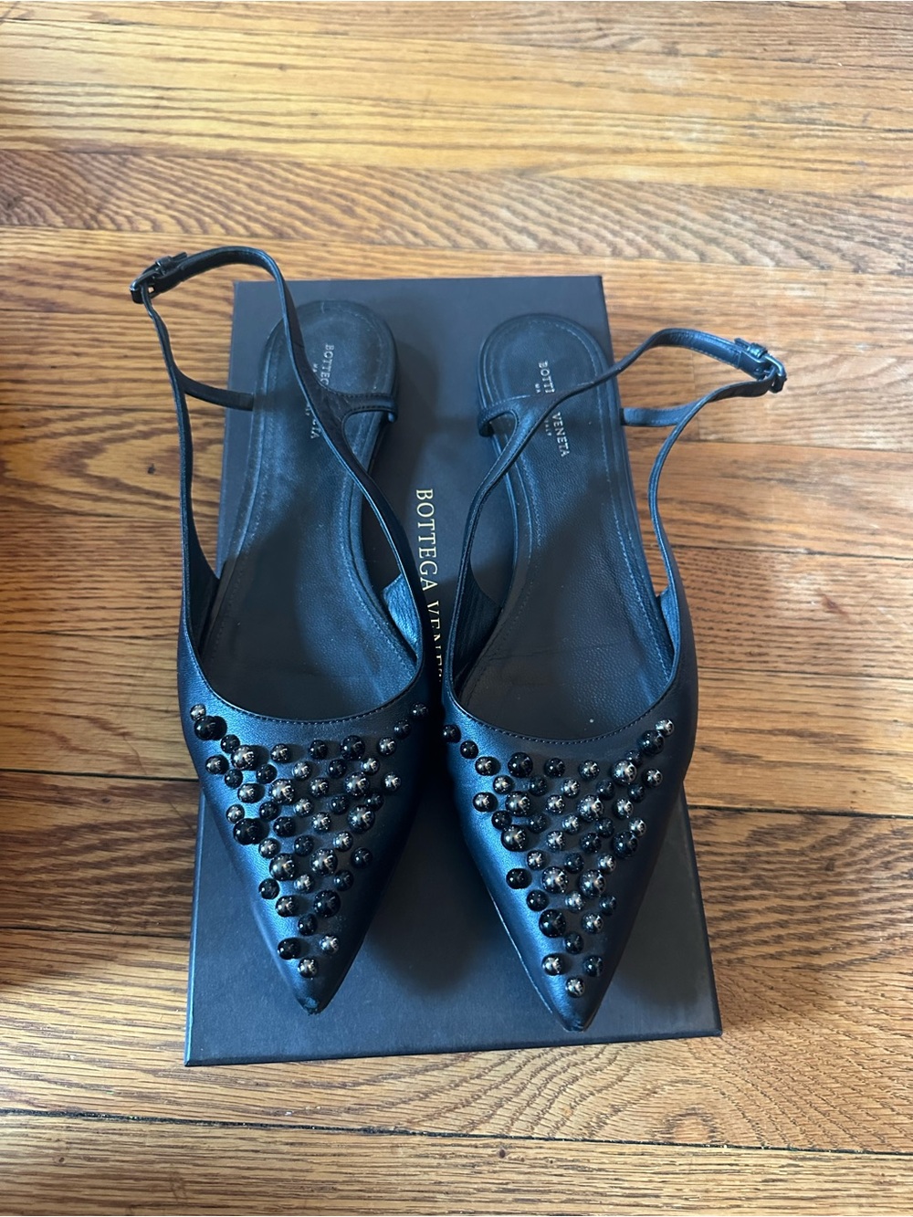 Bottega Veneta Black Studded Pointed Slingback Flats